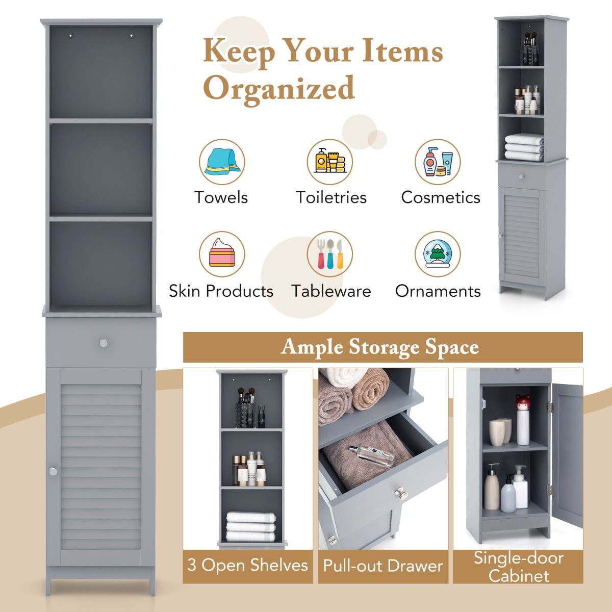 Tall Bathroom Cabinet with Adjustable Shelves-Grey