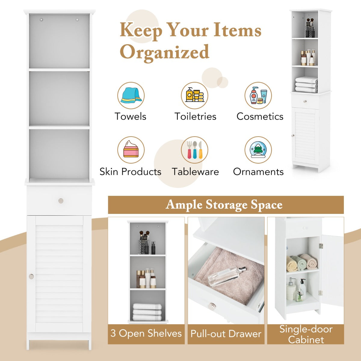 Tall Bathroom Cabinet with Adjustable Shelves-White