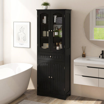 160cm Freestanding Linen Tall Bathroom Storage Cabinet with 2 Glass Doors-Black