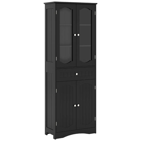 160cm Freestanding Linen Tall Bathroom Storage Cabinet with 2 Glass Doors-Black