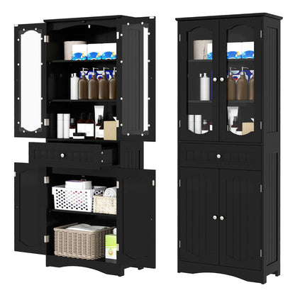 160cm Freestanding Linen Tall Bathroom Storage Cabinet with 2 Glass Doors-Black