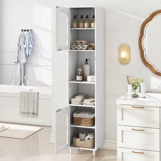 Tall Bathroom Storage Cabinet Narrow Home Organizer with 2 Fluted Glass Doors-White