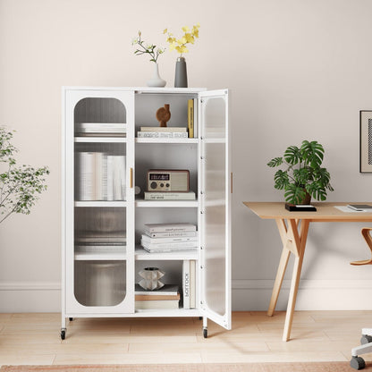 5-Tier Tall Kitchen Pantry with Adjustable Shelves and Semi-Transparent Doors-White