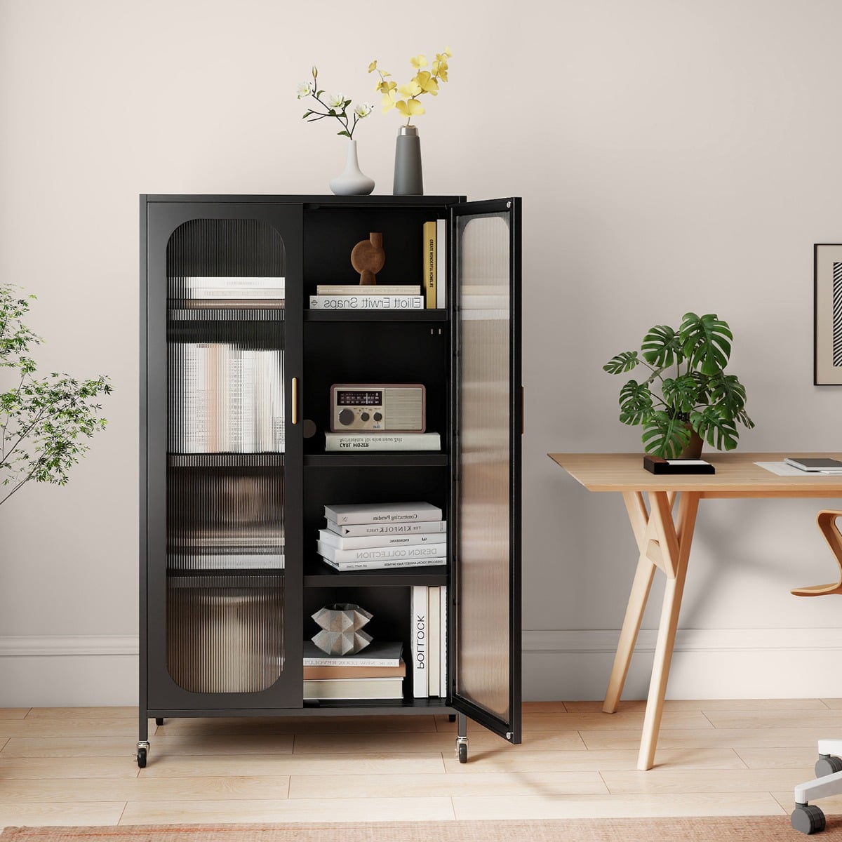 5-Tier Tall Kitchen Pantry with Adjustable Shelves and Semi-Transparent Doors-Black