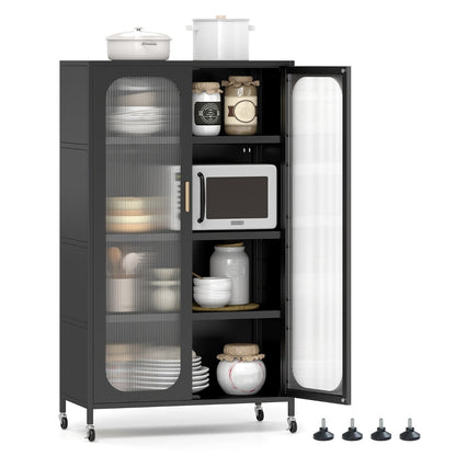 5-Tier Tall Kitchen Pantry with Adjustable Shelves and Semi-Transparent Doors-Black