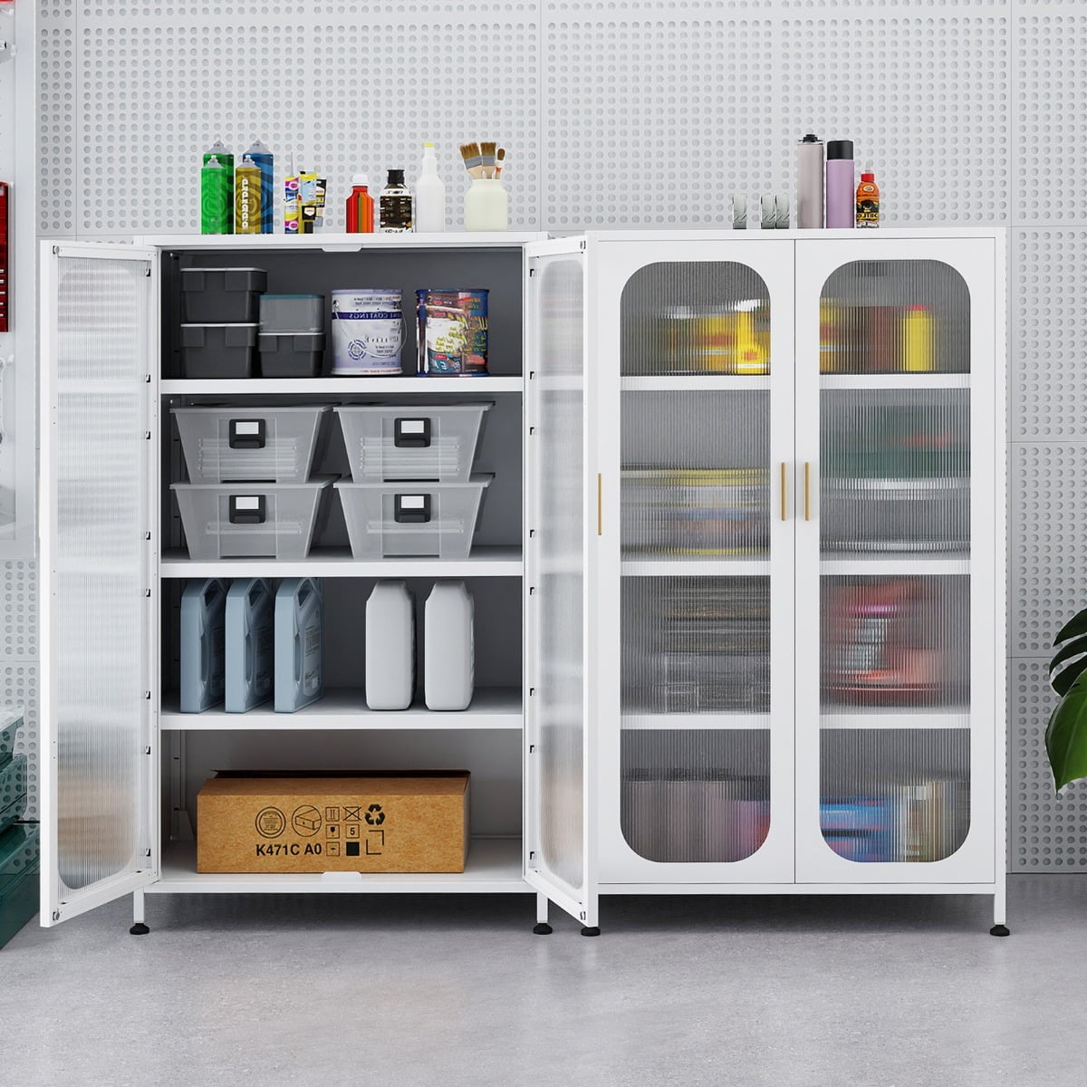 5-Tier Tall Kitchen Pantry with Adjustable Shelves and Semi-Transparent Doors-White