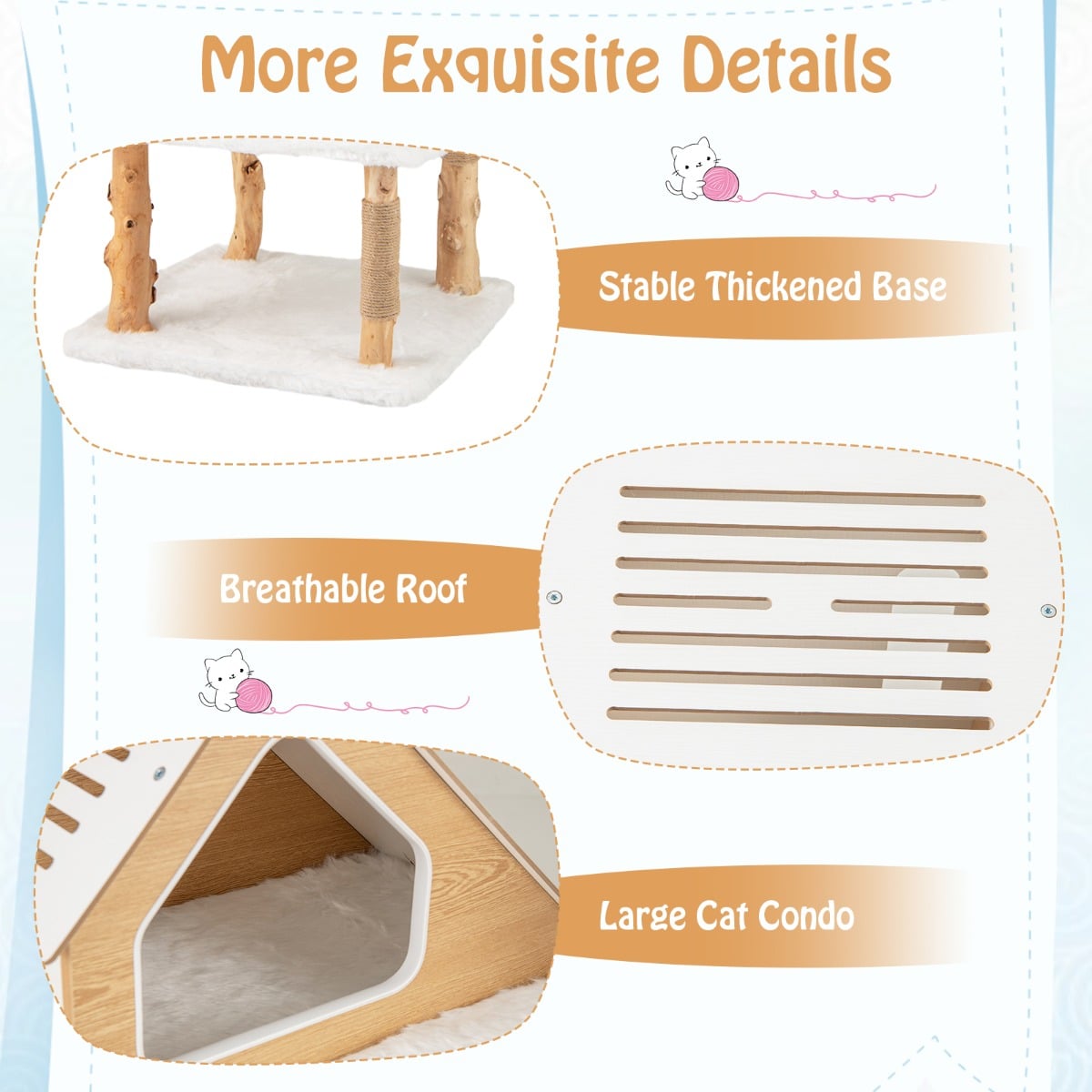 149 cm Tall Solid Wood Cat Tree with 2 Perches Condo and Jute Scratching Posts-White