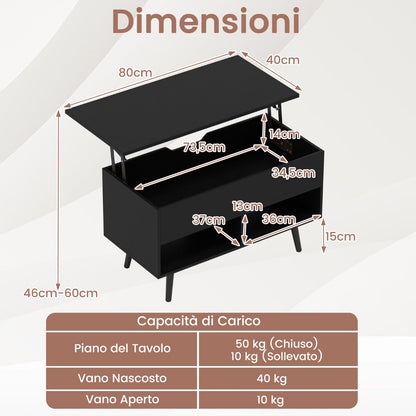 Modern Coffee Table with Hidden Compartment and 2 Open Shelves, Black Wooden Living Room Coffee Table