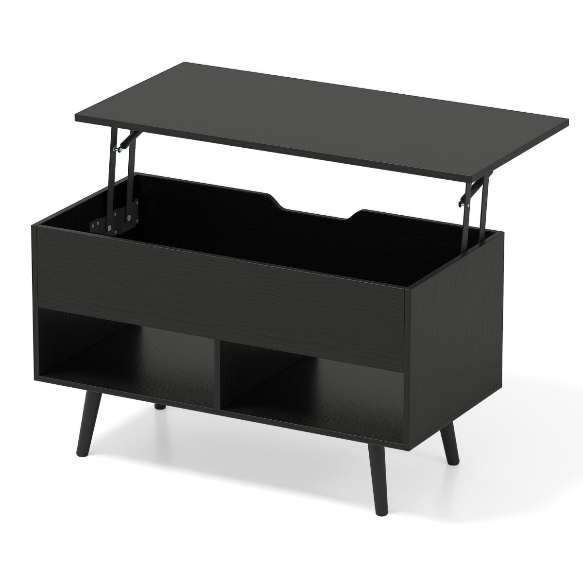 Modern Coffee Table with Hidden Compartment and 2 Open Shelves, Black Wooden Living Room Coffee Table
