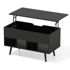 Modern Coffee Table with Hidden Compartment and 2 Open Shelves, Black Wooden Living Room Coffee Table