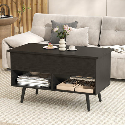 Modern Coffee Table with Hidden Compartment and 2 Open Shelves, Black Wooden Living Room Coffee Table