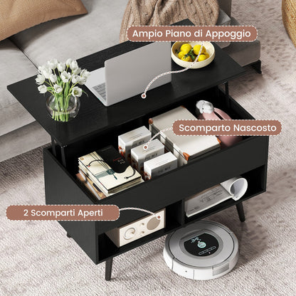 Modern Coffee Table with Hidden Compartment and 2 Open Shelves, Black Wooden Living Room Coffee Table