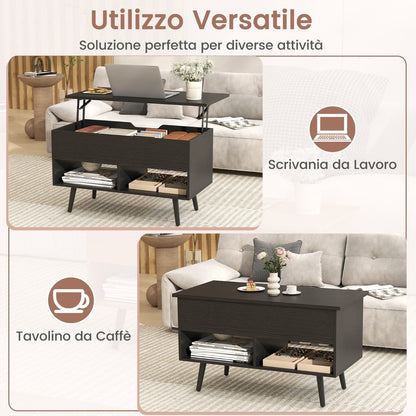 Modern Coffee Table with Hidden Compartment and 2 Open Shelves, Black Wooden Living Room Coffee Table