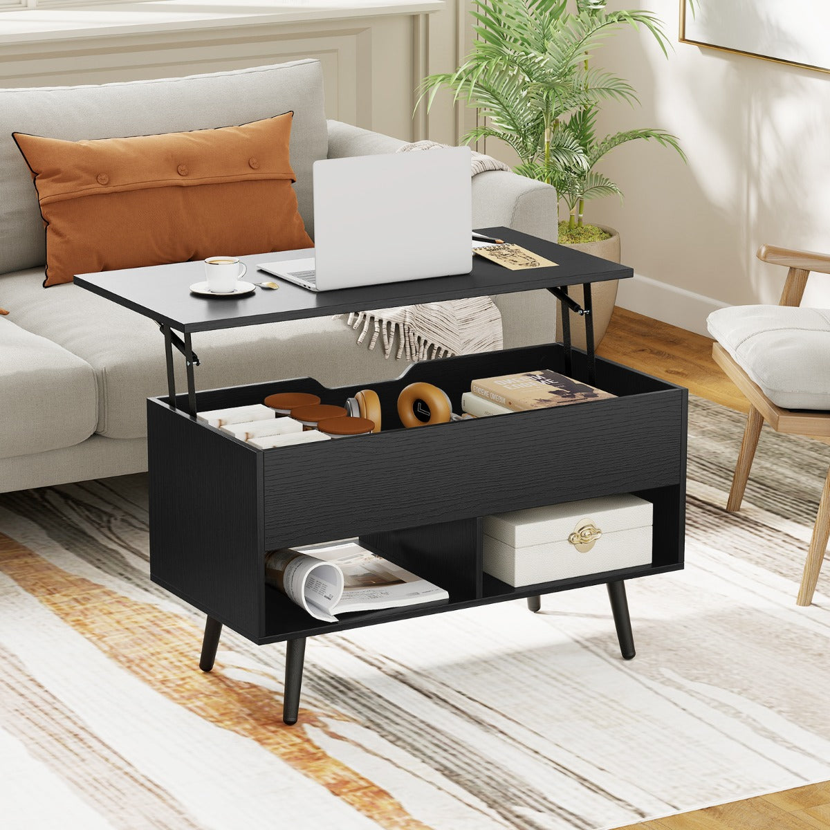 Modern Coffee Table with Hidden Compartment and 2 Open Shelves, Black Wooden Living Room Coffee Table
