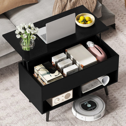 Modern Coffee Table with Hidden Compartment and 2 Open Shelves, Black Wooden Living Room Coffee Table