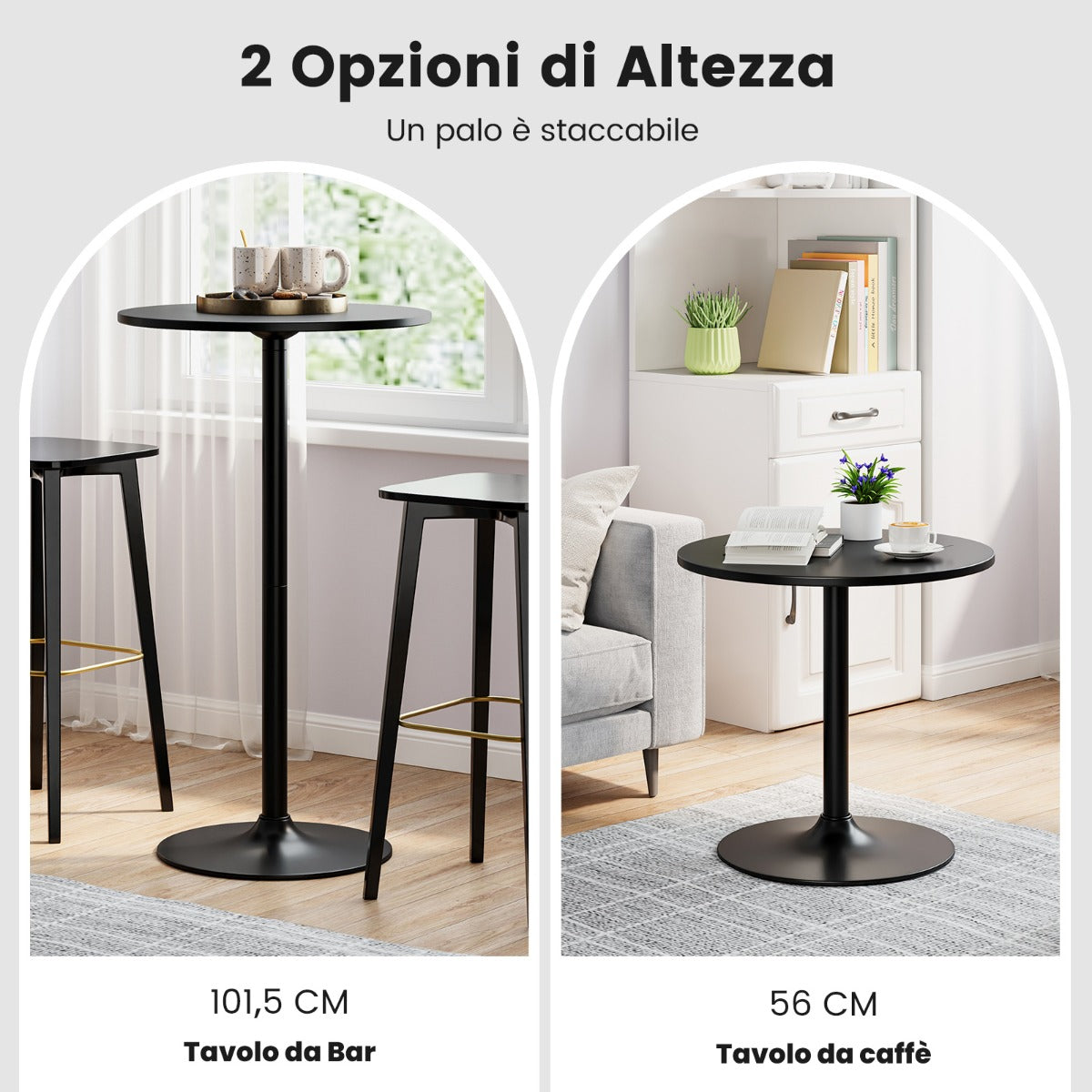 101.5cm Cocktail Table Converts to 56cm Coffee Table, 2-Piece Round Bistro Table in Elegant Powder Coated Black