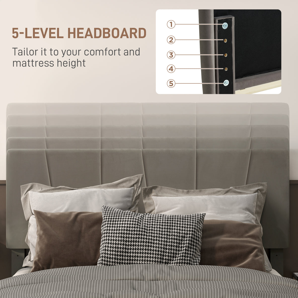 HOMCOM Double Bed Frame, with Velvet-Feel Headboard - Grey