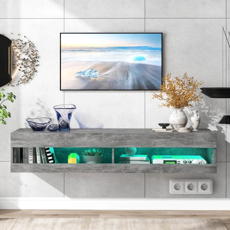 Wall-Mounted Modern TV Stand with LED Lights, Remote-Controlled RGB Lighting, Spacious Storage, 140x40x30.5 cm, Grey