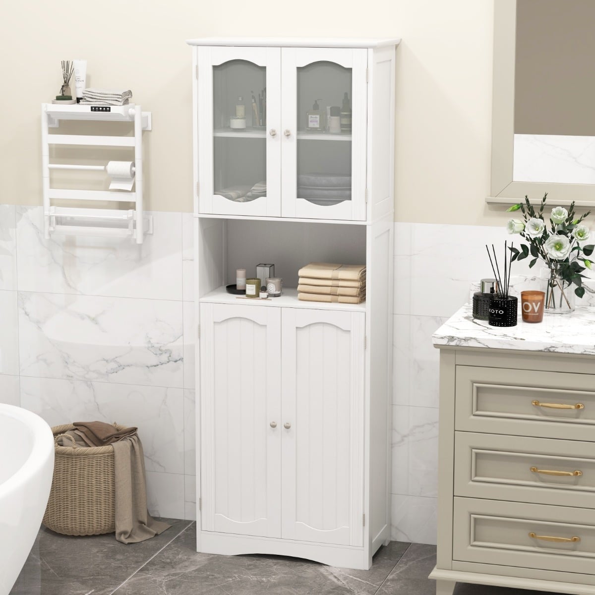 Tempered Glass Door Pantry Cabinet with 3-Position Adjustable Shelves-White