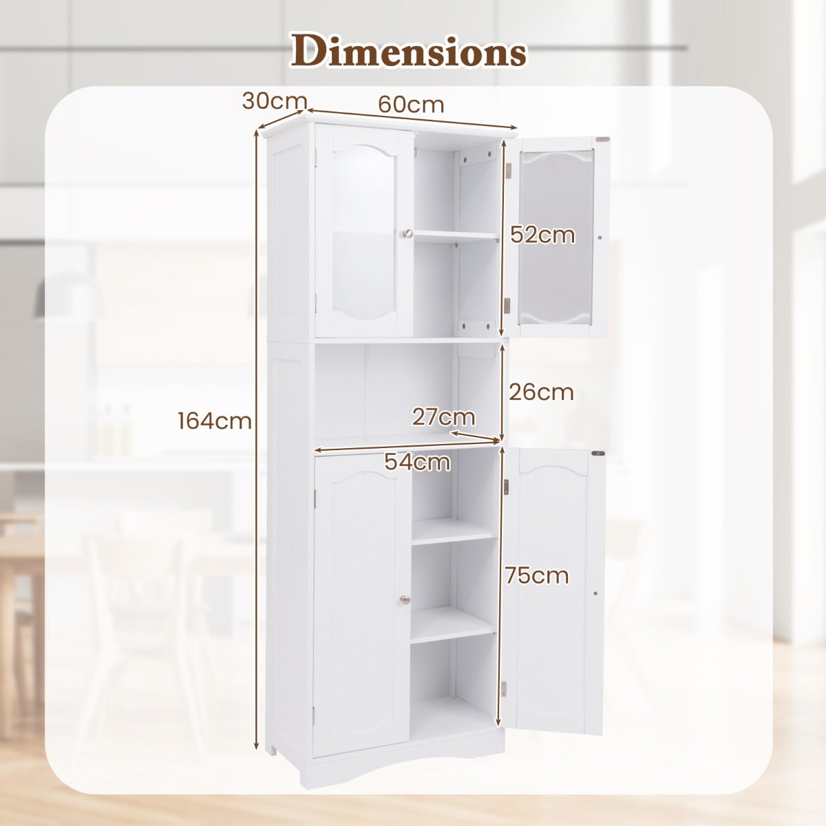 Tempered Glass Door Pantry Cabinet with 3-Position Adjustable Shelves-White