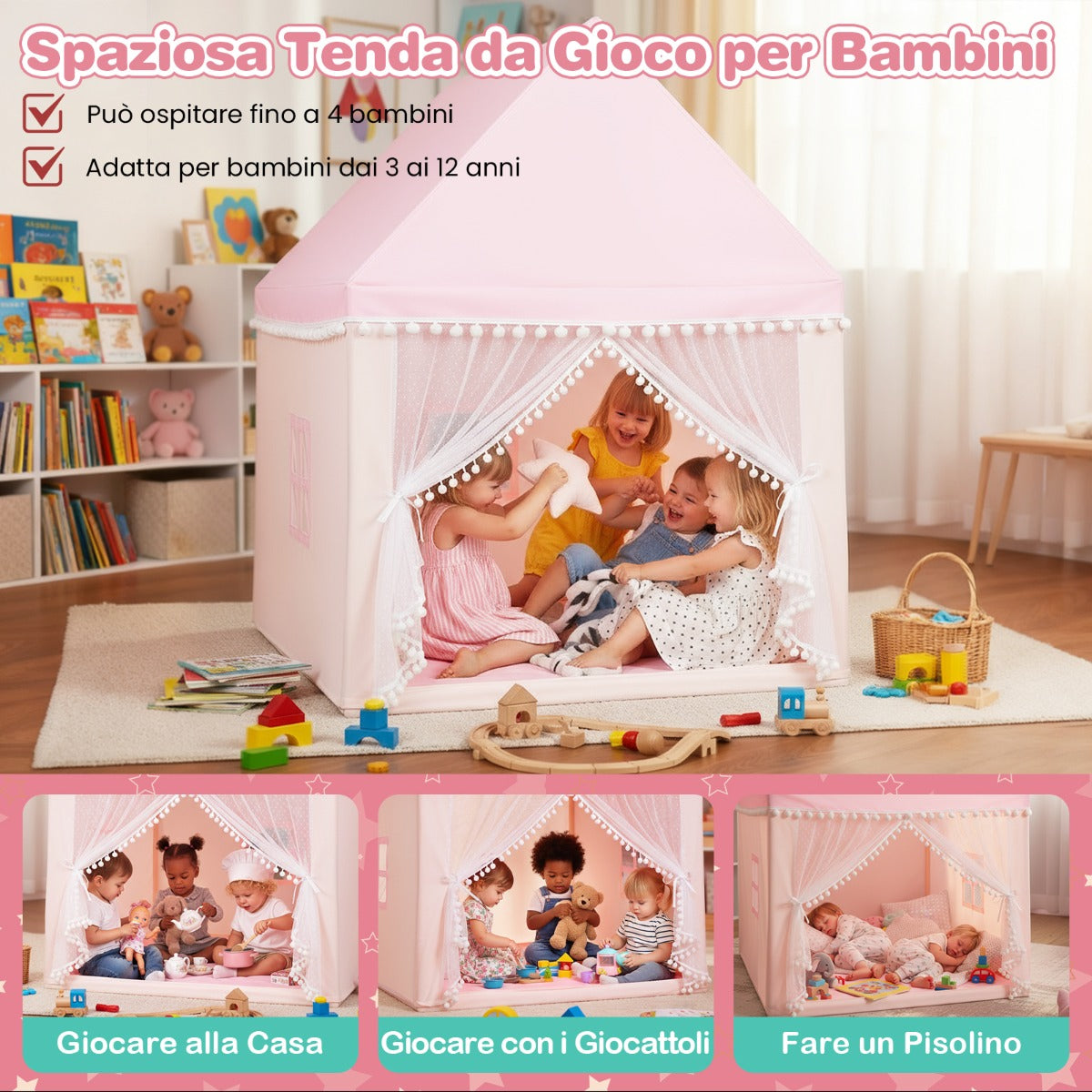 Large Childrens Play Tent House with Padded Mattress, Tent with Mosquito Net and 2 Windows