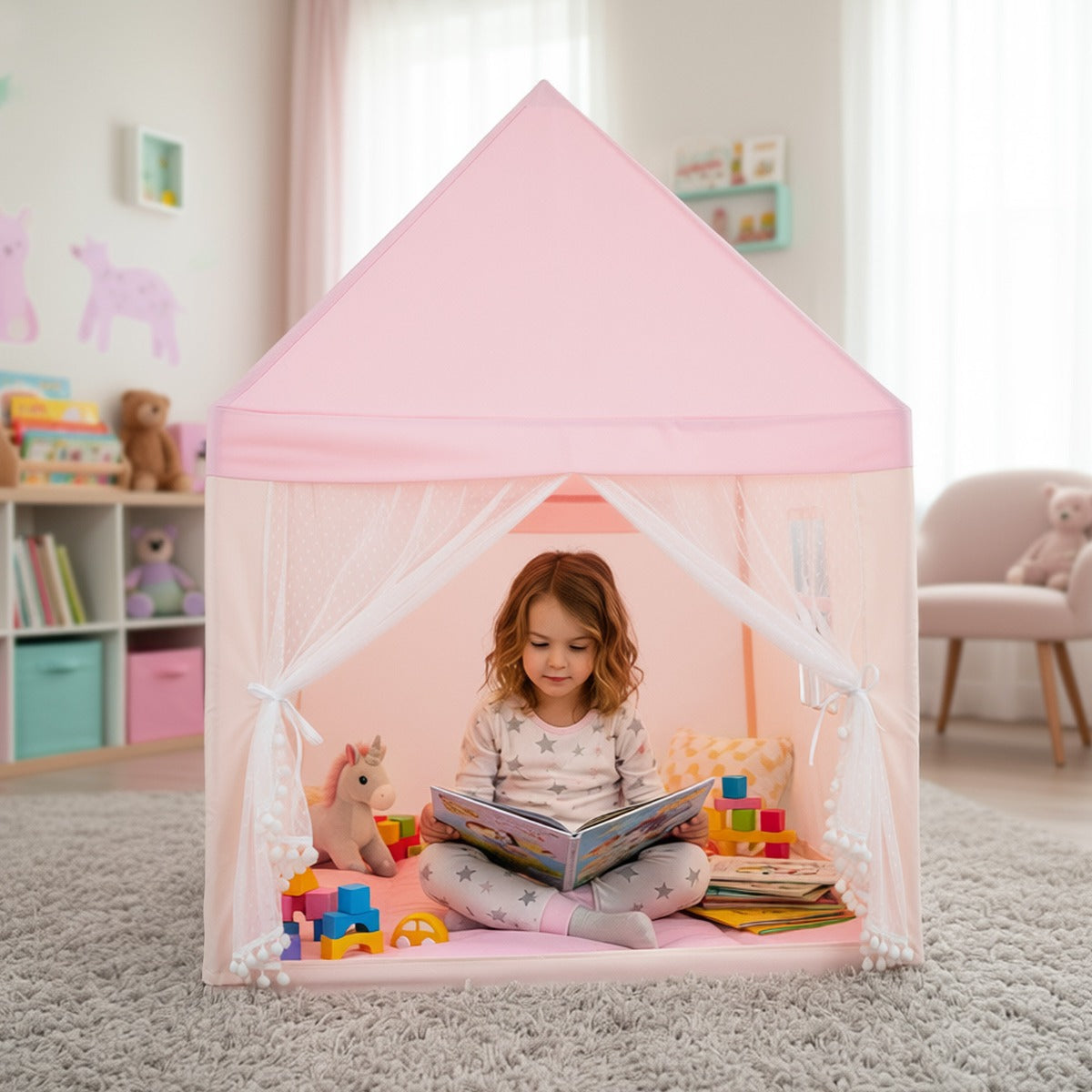 Large Childrens Play Tent House with Padded Mattress, Tent with Mosquito Net and 2 Windows