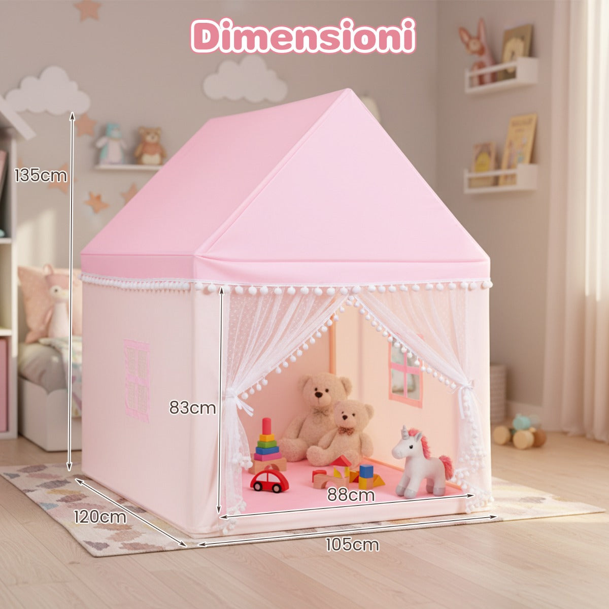 Large Childrens Play Tent House with Padded Mattress, Tent with Mosquito Net and 2 Windows
