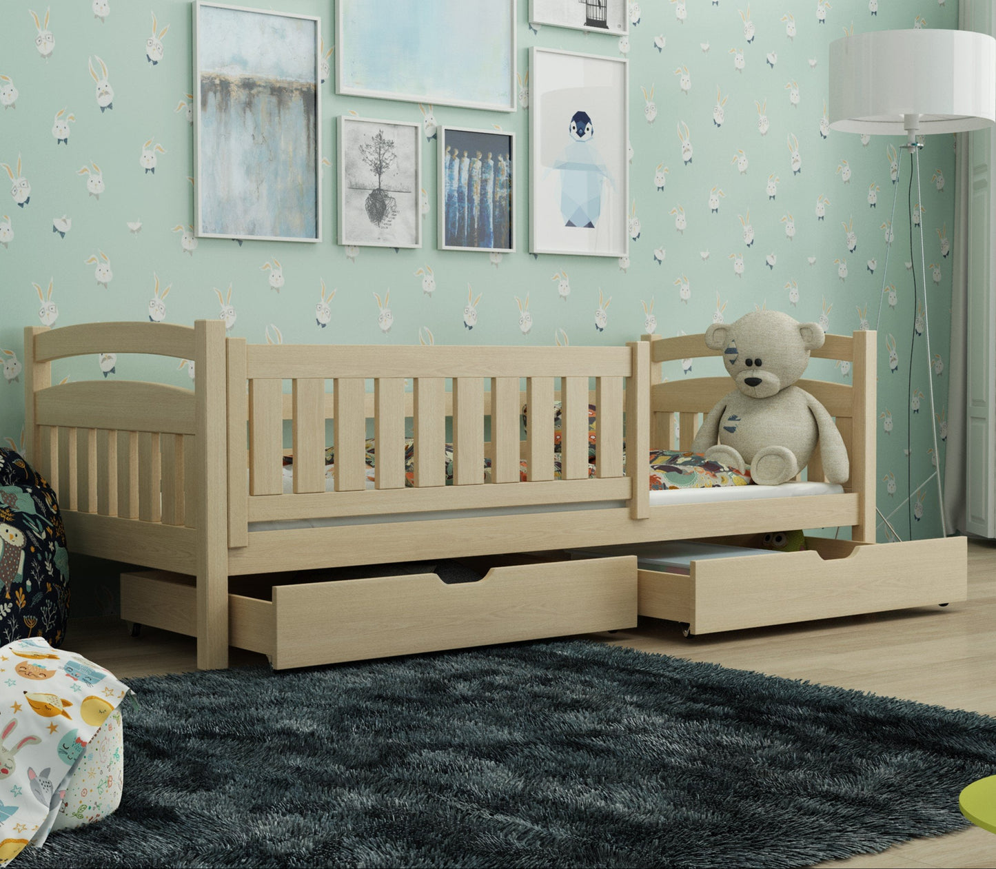 Children's room with a wooden bed, teddy bear, and decorative elements.