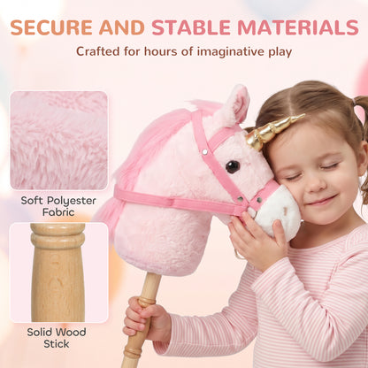 AIYAPLAY Hobby Horse with Wood Wheels, Stick Horse with Grip Handle, Sound, Plush Hobby Horse Toy for Imaginative Play, Pink