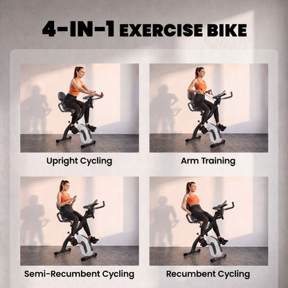 SPORTNOW 4-In-1 Folding Exercise Bike with Resistance Bands, Bluetooth App, 8-Level Magnetic Resistance, LCD Display, Grey