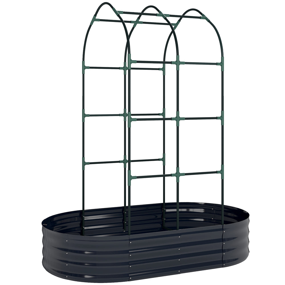 Outsunny Galvanised Raised Garden Bed with Arched Trellis, 5 x 3 x 6ft Metal Raised Bed for Garden with Open Bottom, Dark Grey