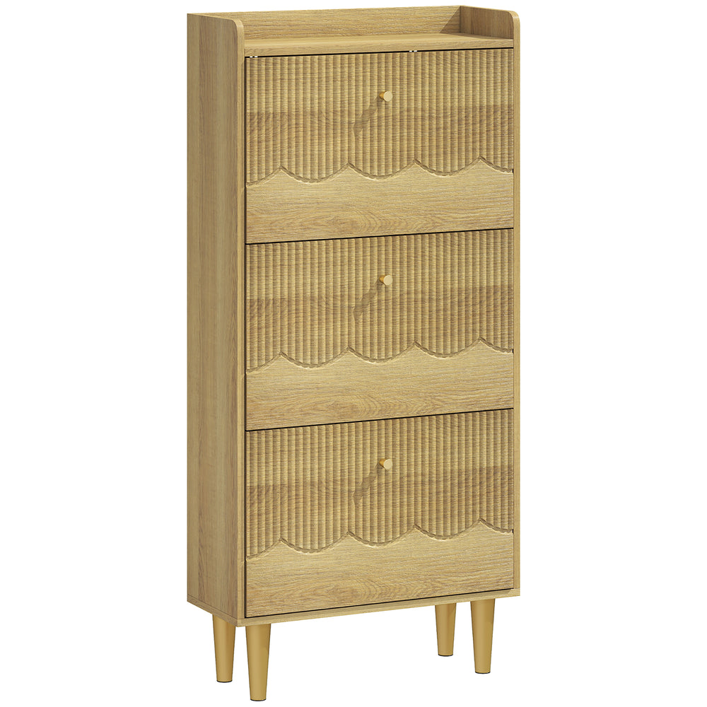HOMCOM Narrow Shoe Cabinet, Modern Shoe Storage Cabinet with 3 Flip Drawers, Oak