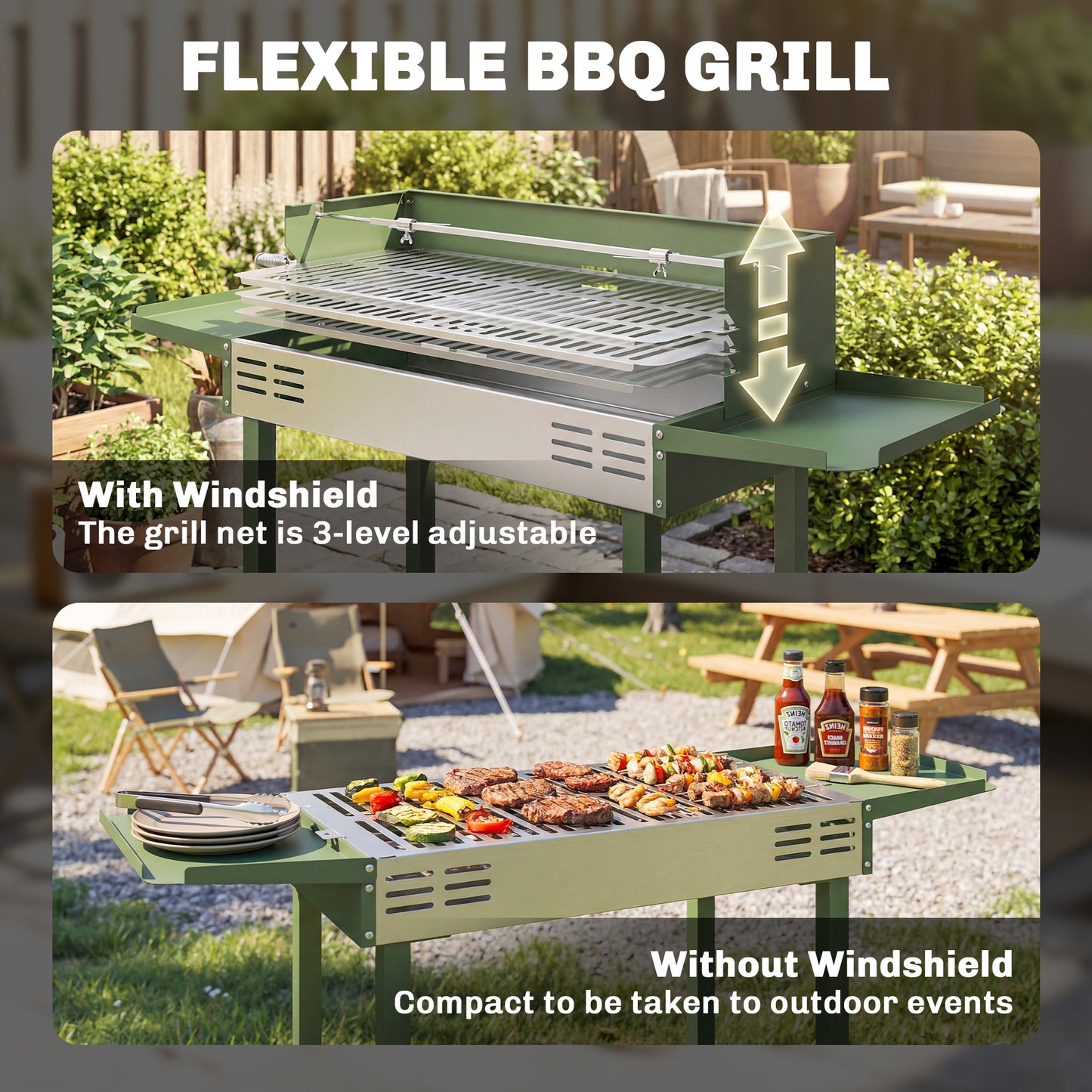 Outsunny BBQ Rotisserie Grill Roaster Charcoal Spit Roasting Machine for Chicken Turkey with 3-Level Grill Grate, Side Shelves, Dark Green