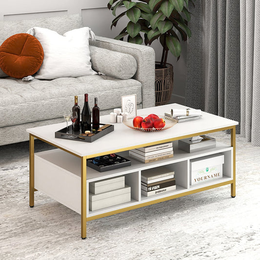 Industrial 3-Tier Coffee Table ith Open Shelf and 6 Compartments-White