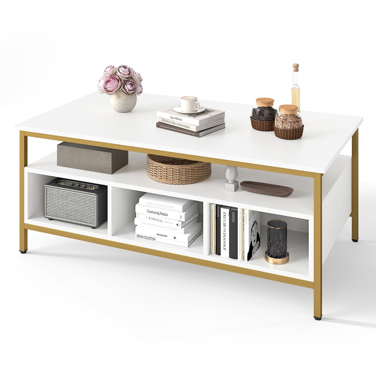 Industrial 3-Tier Coffee Table ith Open Shelf and 6 Compartments-White