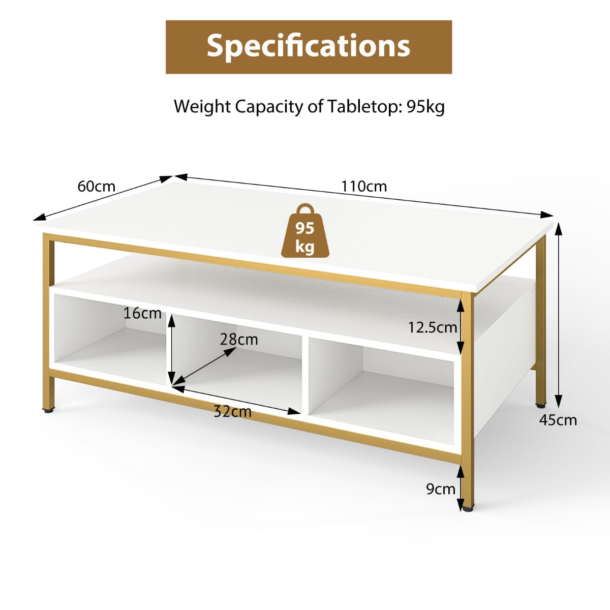 Industrial 3-Tier Coffee Table ith Open Shelf and 6 Compartments-White