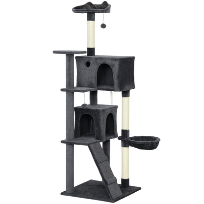 PawHut 180cm Large Cat Tree Tower with Sisal Scratching Posts, Condos, Plush Perches, Hammock, Ladder, Dark Grey