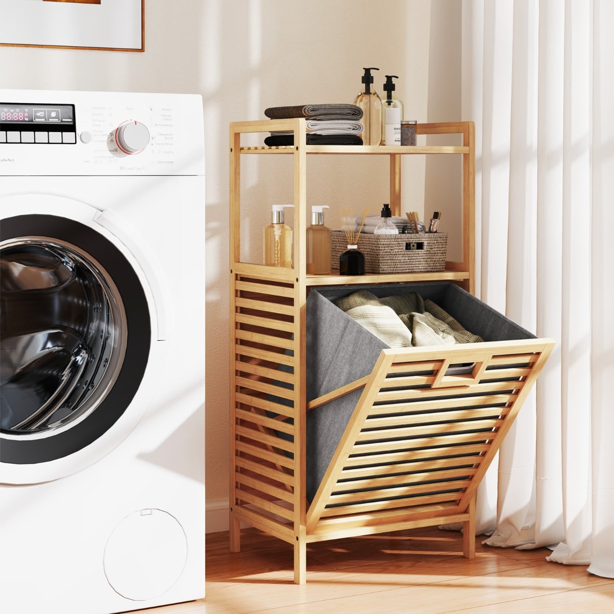 Tilt out Laundry Hamper with 2-Tier Storage Shelves-Natural