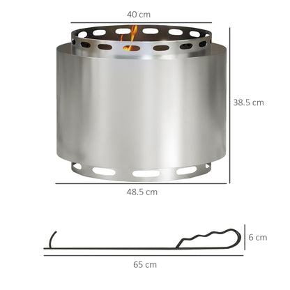 موقد نار محمول بدون دخان من Outsunny مقاس 48.5 سم مع موقد حطب للحديقة والتخييم وحفلات الشواء، من الفولاذ المقاوم للصدأ، فضي
