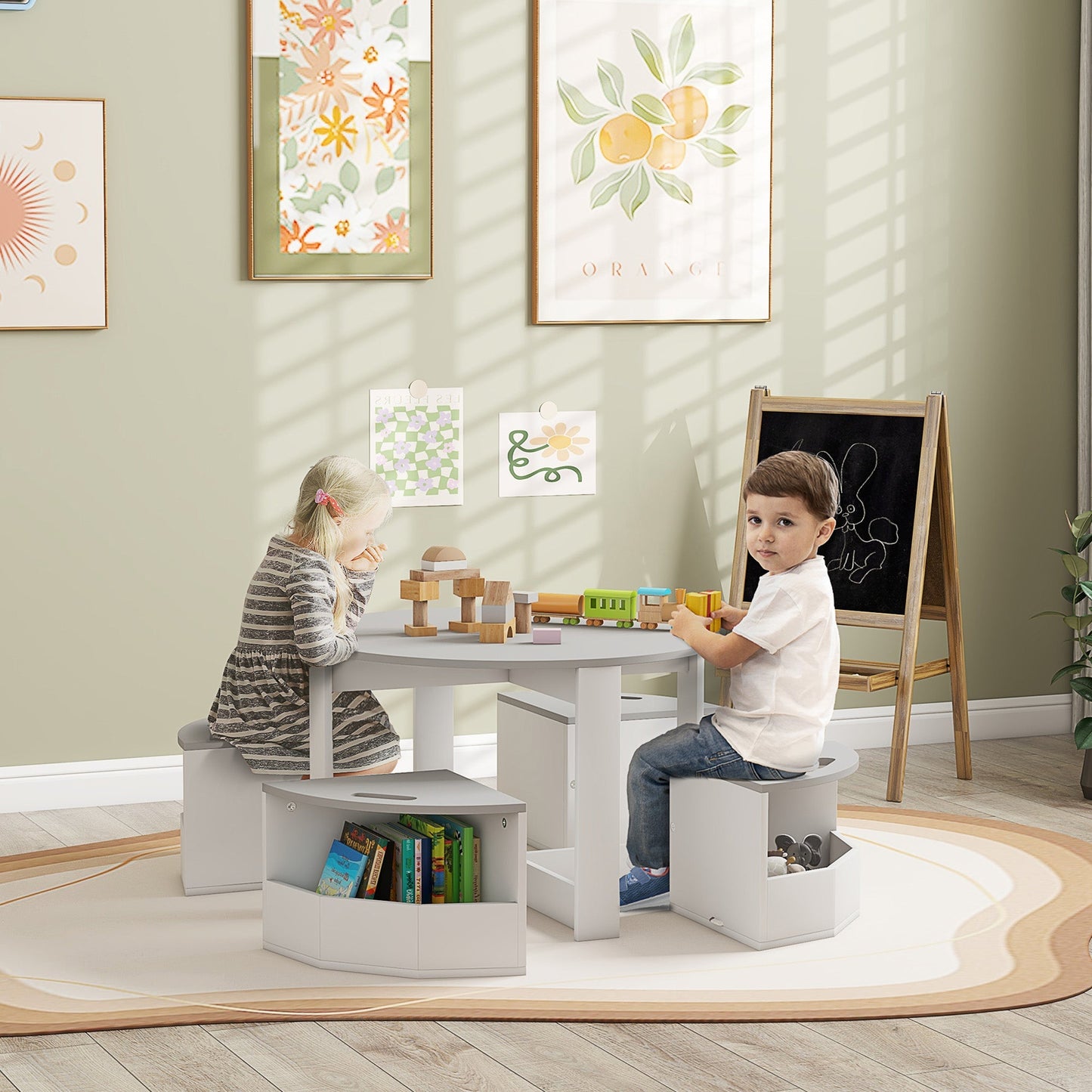 AIYAPLAY Five-Piece Kids Table and Chairs Set with Storage, for Ages 3-8 Years, Grey