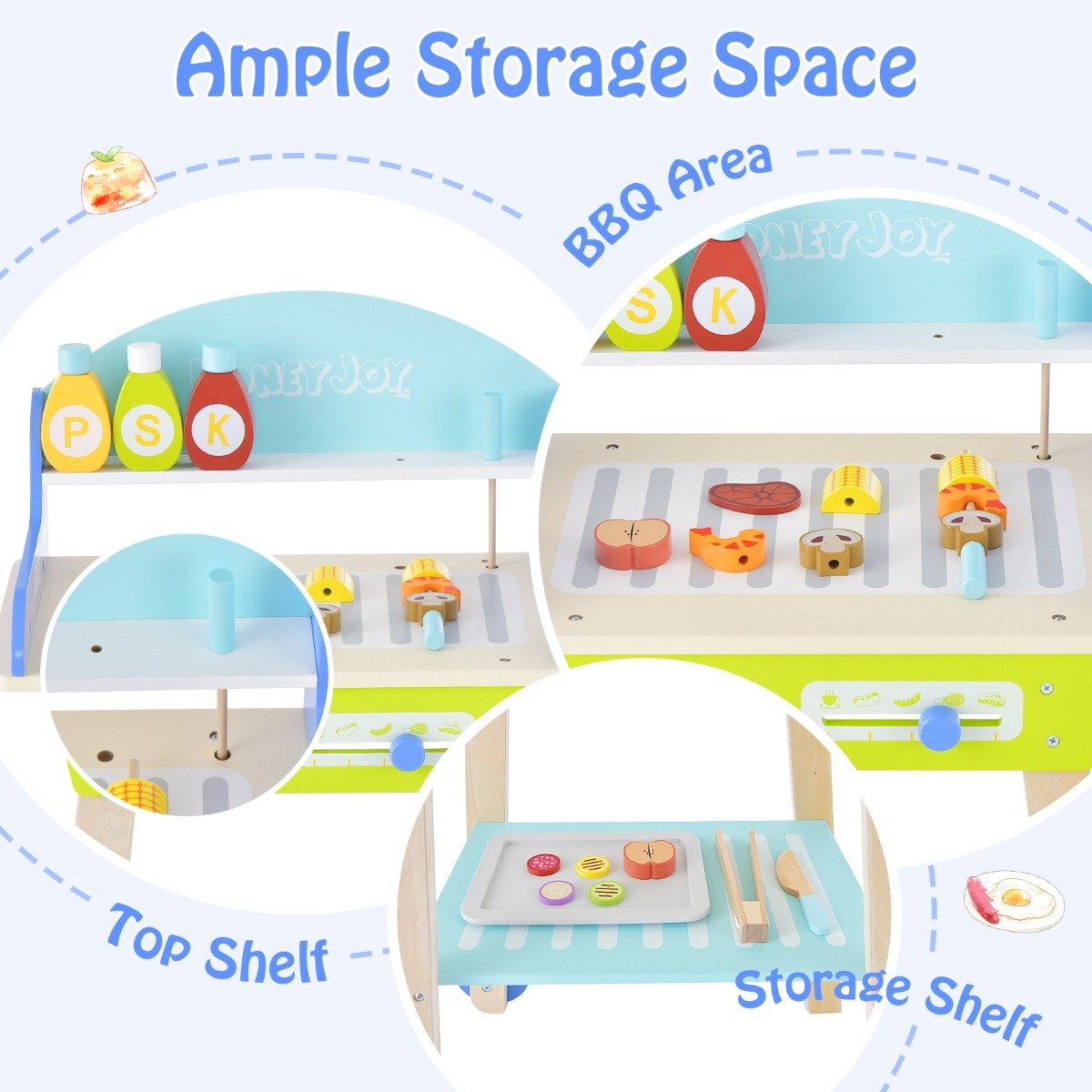 Kid's Pretend Barbecue Grill Play Set with Play Food, Push Handle and Wheels