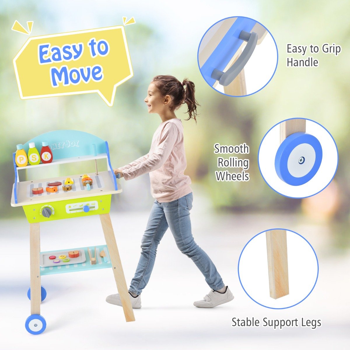 Kid's Pretend Barbecue Grill Play Set with Play Food, Push Handle and Wheels