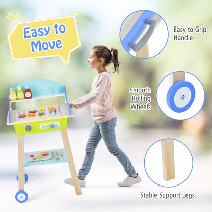 Kid's Pretend Barbecue Grill Play Set with Play Food, Push Handle and Wheels