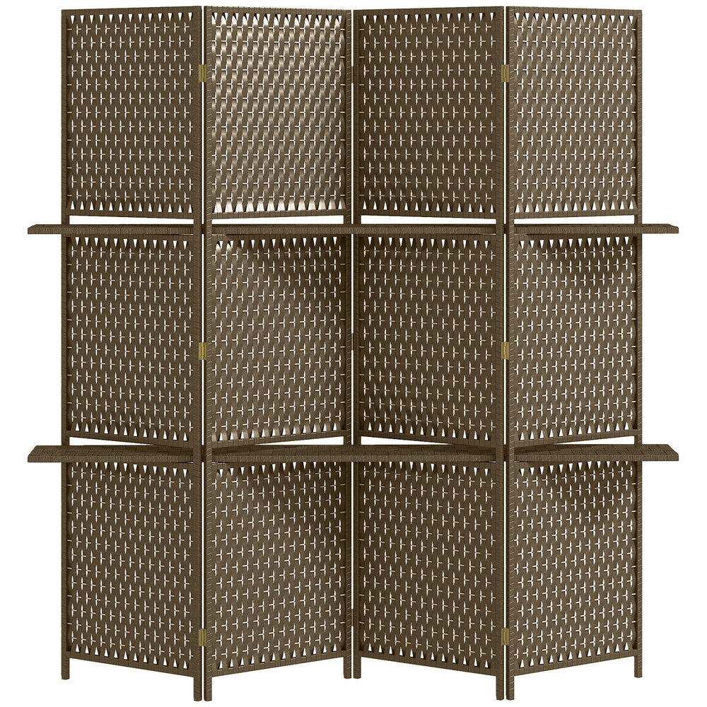 HOMCOM 4-Panel Room Dividers with Shelves, Wave Fibre Freestanding Folding Privacy Screen Panels, Partition Wall Divider for Indoor Bedroom Office, 180Â cm, Brown