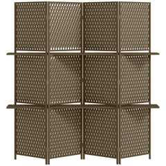 HOMCOM 4-Panel Room Dividers with Shelves, Wave Fibre Freestanding Folding Privacy Screen Panels, Partition Wall Divider for Indoor Bedroom Office, 180√Ç cm, Brown
