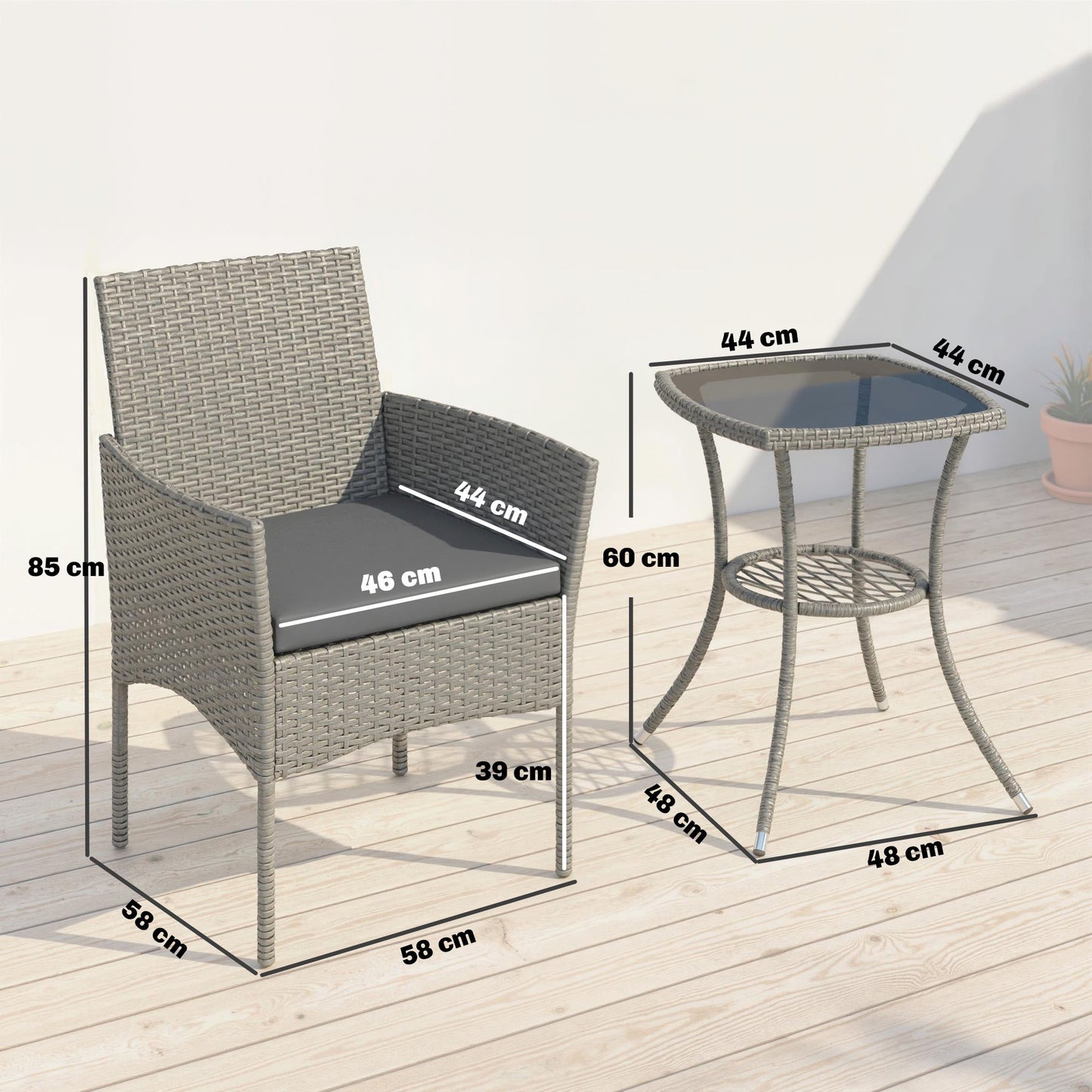 Outsunny 3 Piece Rattan Bistro Set, PE Wicker Garden Furniture Conversation Set with 2 Tier Glass-Top Table, Chairs, Dark Grey