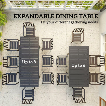 Outsunny Extending Garden Table for 6-8 People, Full Aluminium Outdoor Dining Table with Slatted Top, Dark Grey