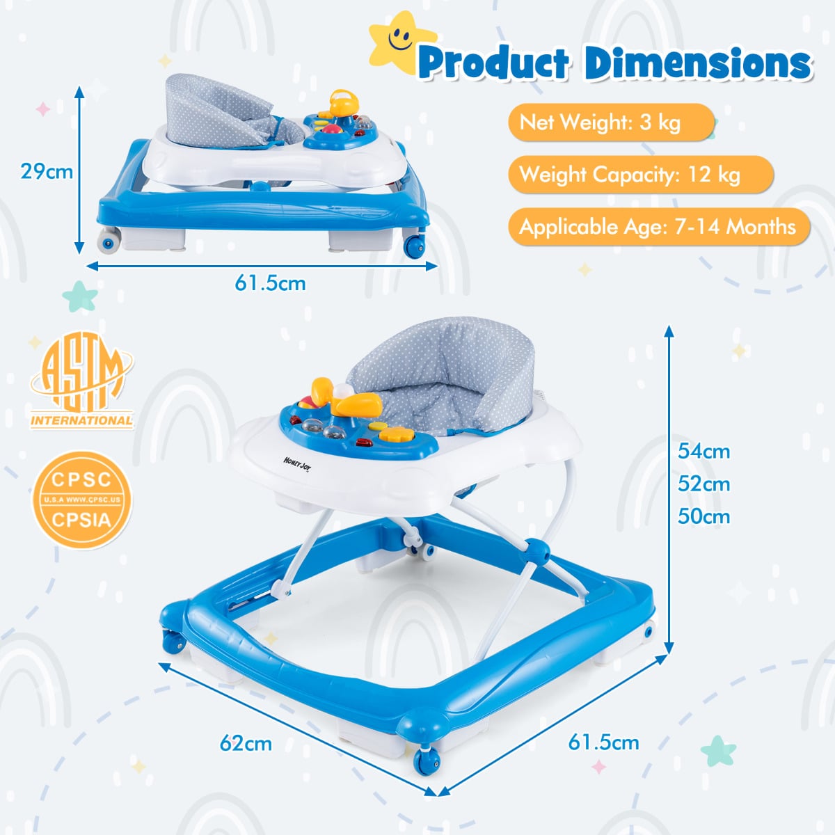 Toddler Activity Center Push Walker with 3 Adjustable Heights-Blue