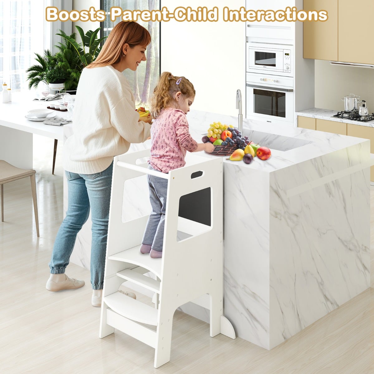 Toddler Kitchen Step Stool with Activity Chalkboard and Adjustable Height-White