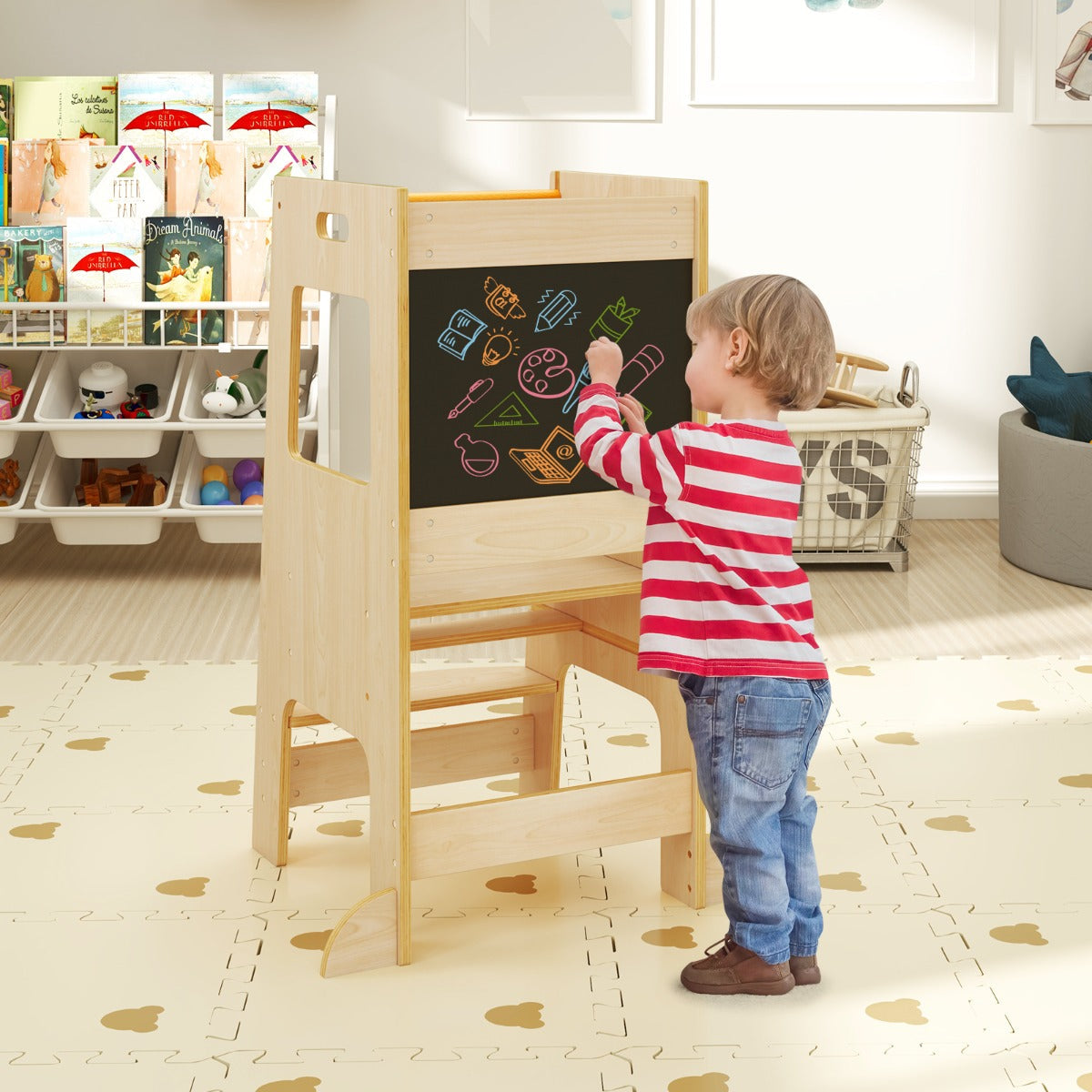 Toddler Kitchen Step Stool with Activity Chalkboard and Adjustable Height-Natural